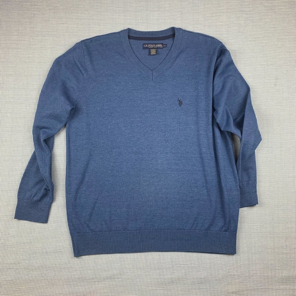 Blue US Polo ASSN Sweater / Blue Polo Pullover / Men's LARGE V-Neck Sweater /